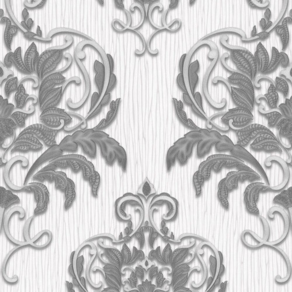 Spotlight Damask White & Silver Vinyl Wallpaper 10102-10