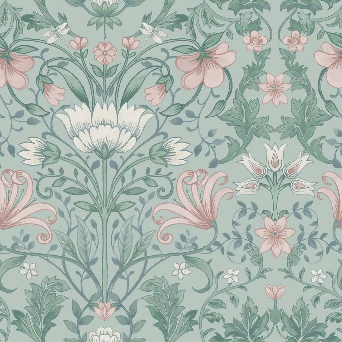Vintage Floral Soft Teal William Morris Style Wallpaper 13390