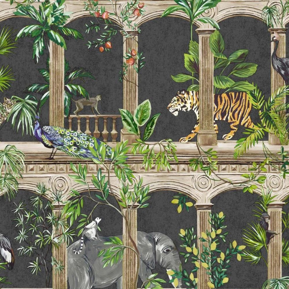 Exotic Animals Arches Black Conversational Wallpaper 13111