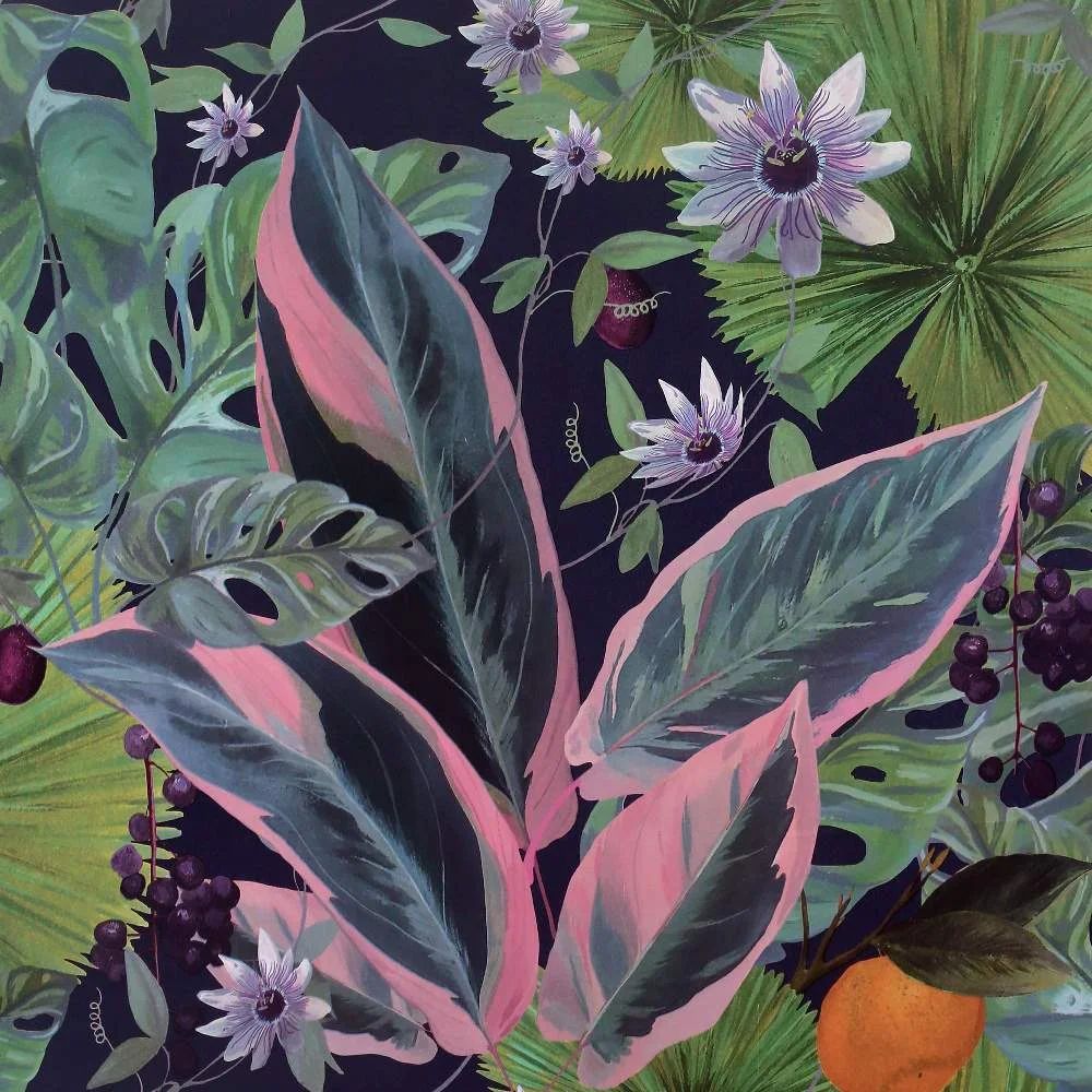 Passion Flower Navy Painterly Floral Wallpaper 921703