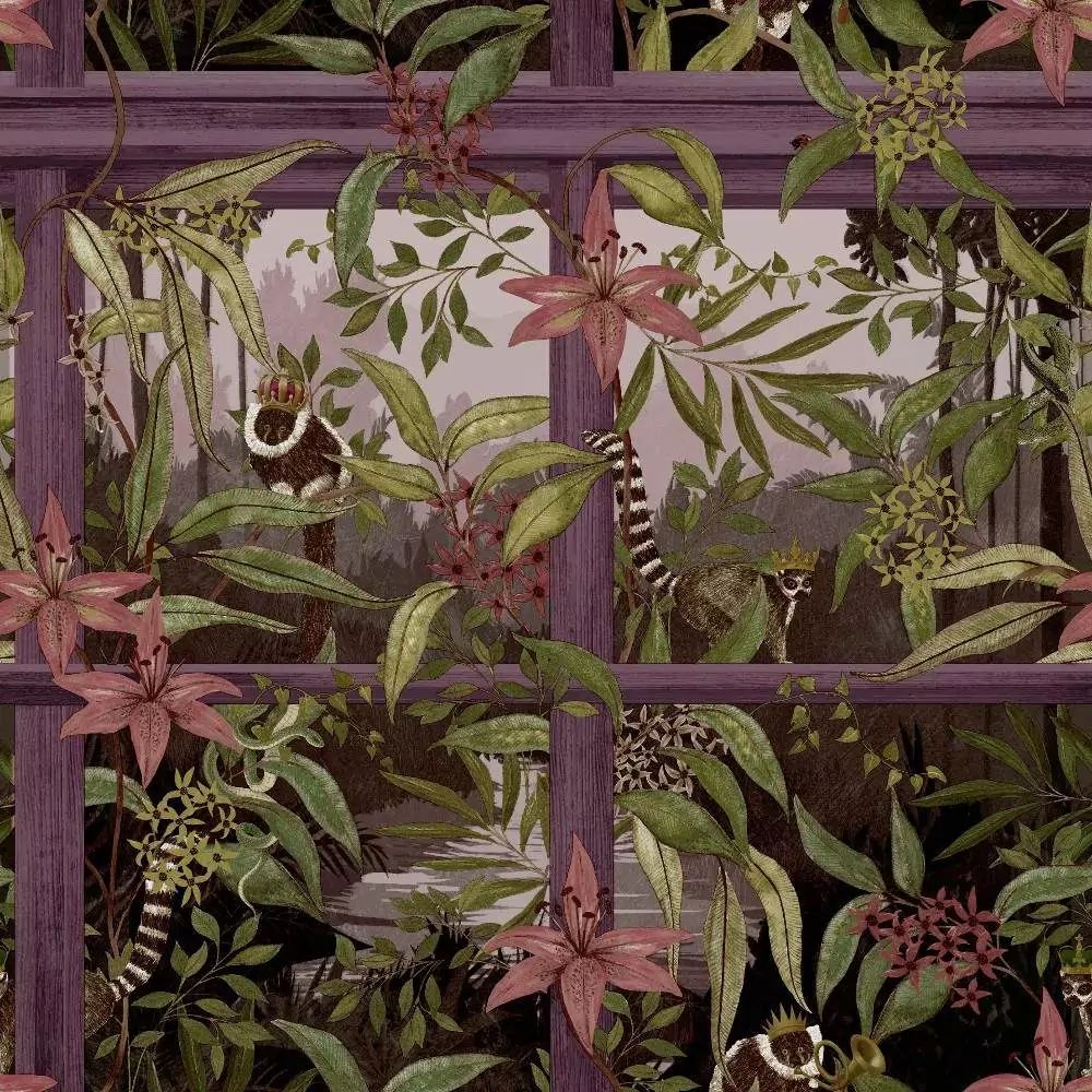 Tropical Window Plum Blooming Flowers & Lemurs Wallpaper 13141