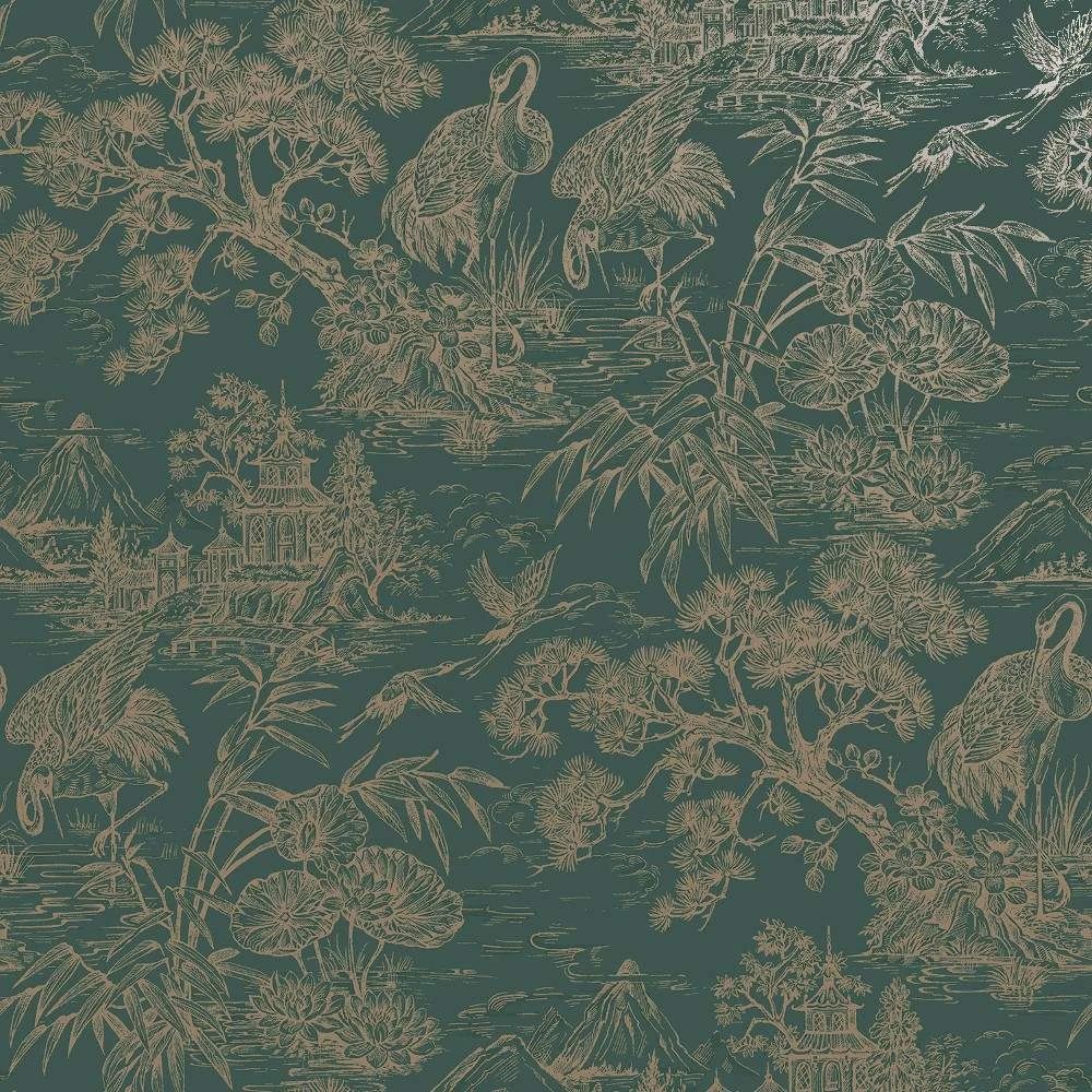 Crane Lagoon Aqua & Metallic Gold Japanese Toile Wallpaper 13732