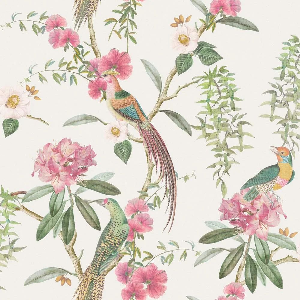 Exotic Garden Birds Pink & Green Wallpaper 924907