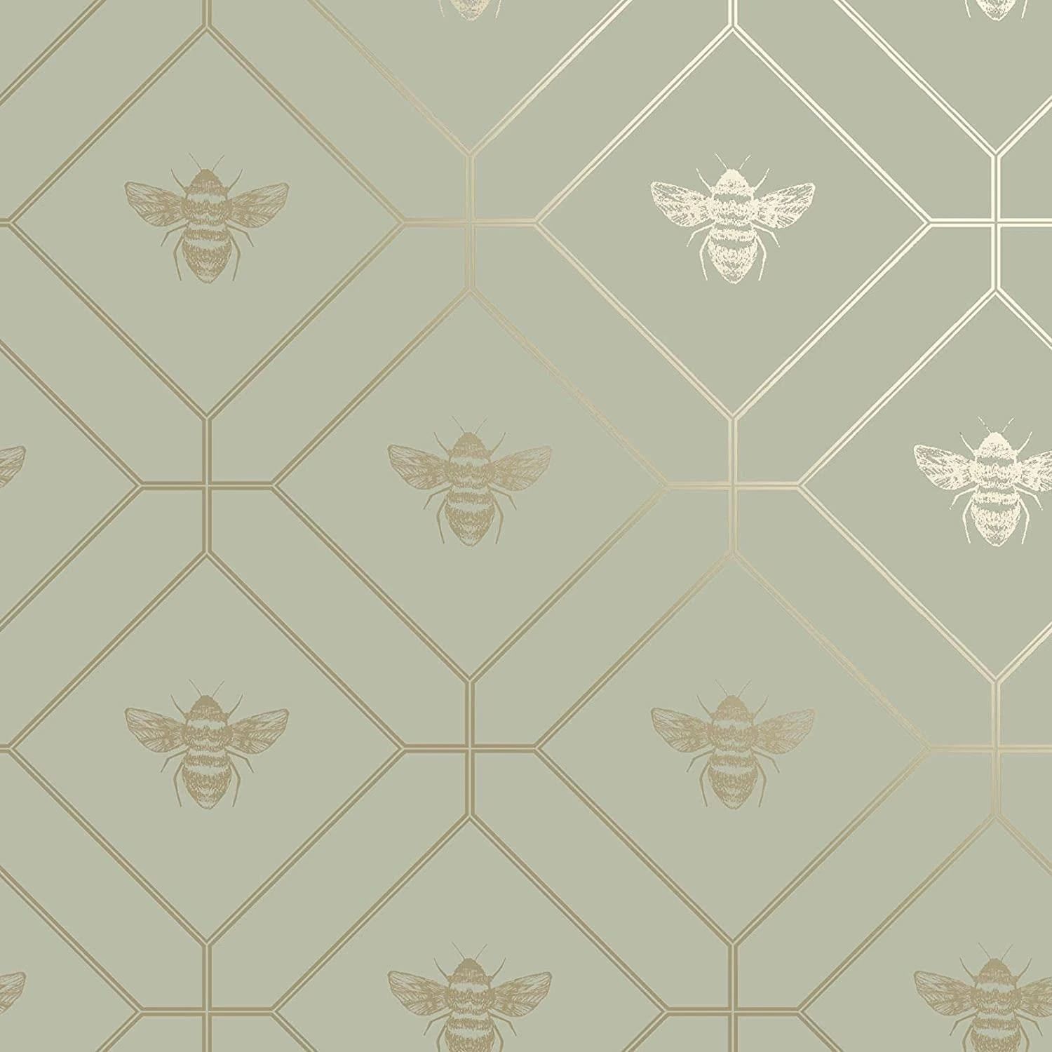 Honeycomb Bee Green Geometric Metallic Gold Wallpaper 13080