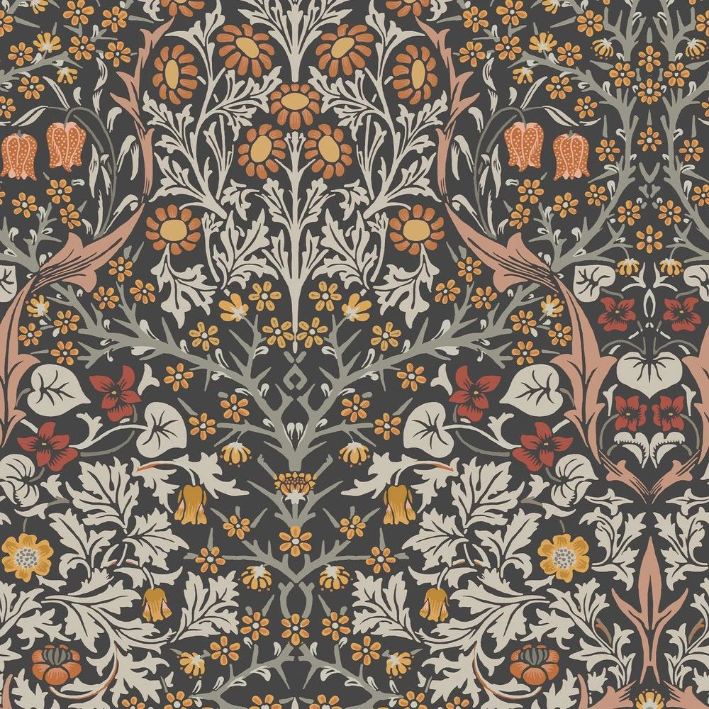 Blackthorn Violets & Meadow Flowers Burnt Orange & Charcoal Wallpaper by William Morris 124250