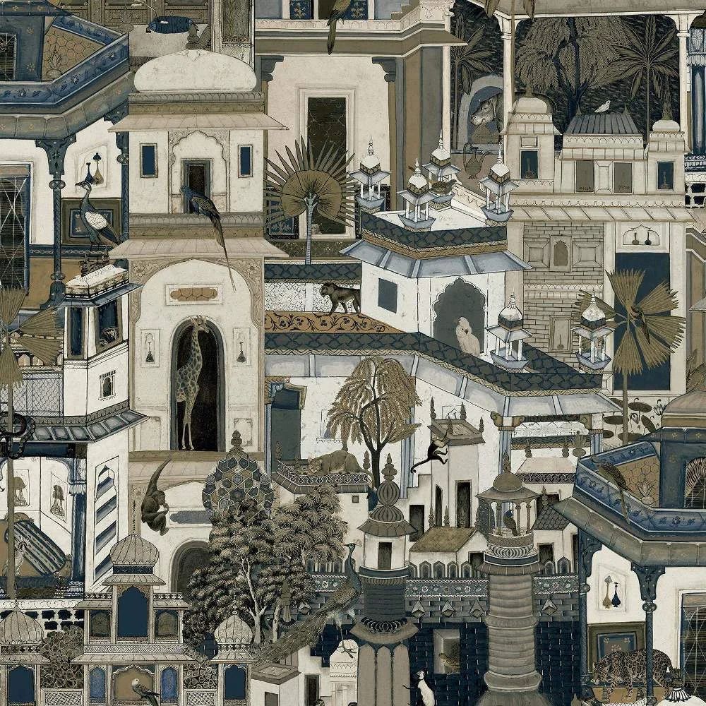 Animal City Moroccan Architectural Building Navy Wallpaper 13510