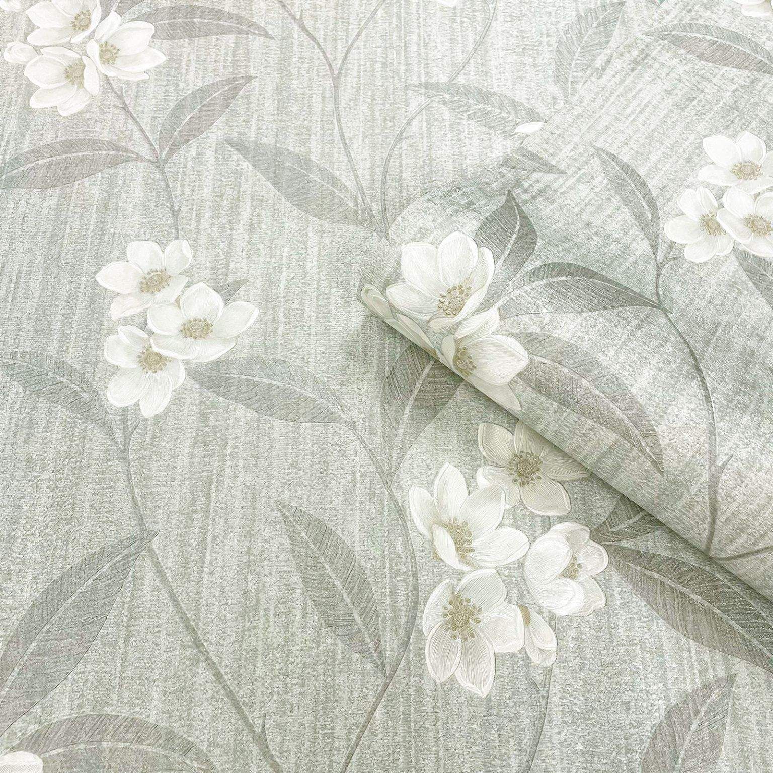 Giovanna Floral Cream & Grey Premium Italian Vinyl Wallpaper 4819