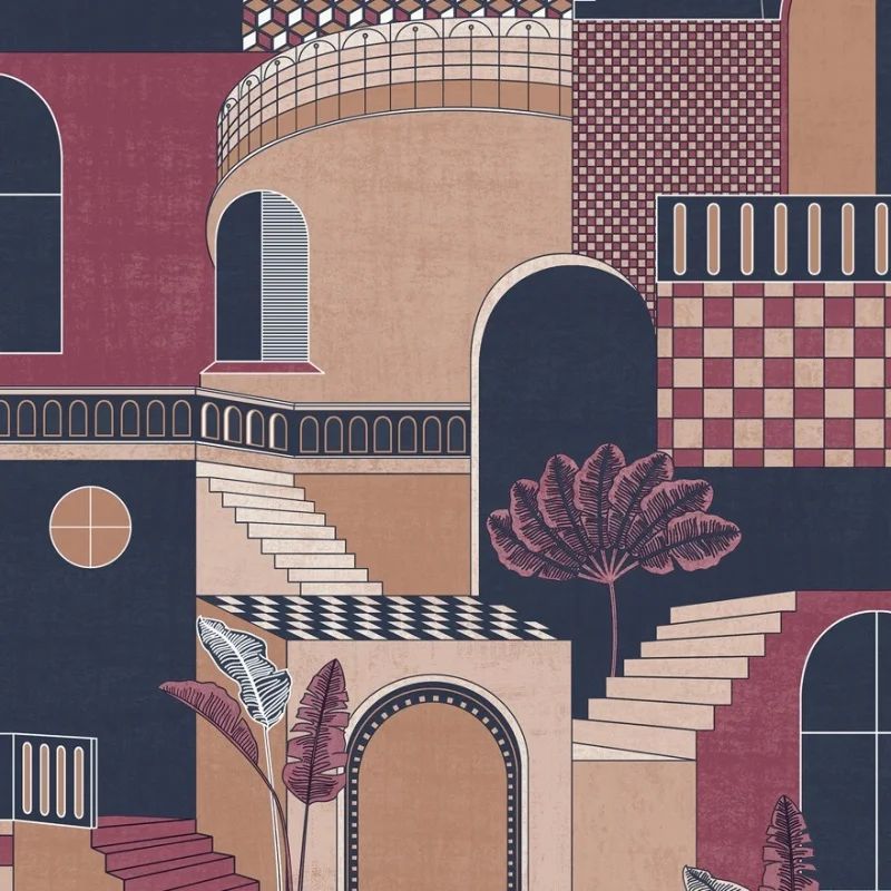 Medina Mediterranean Red/Navy Conversational Wallpaper 13103