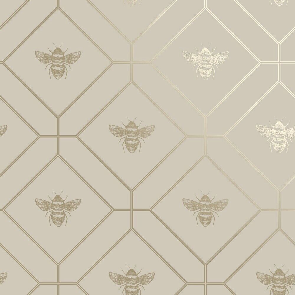Honeycomb Bee Taupe Geometric Metallic Gold Wallpaper 13082