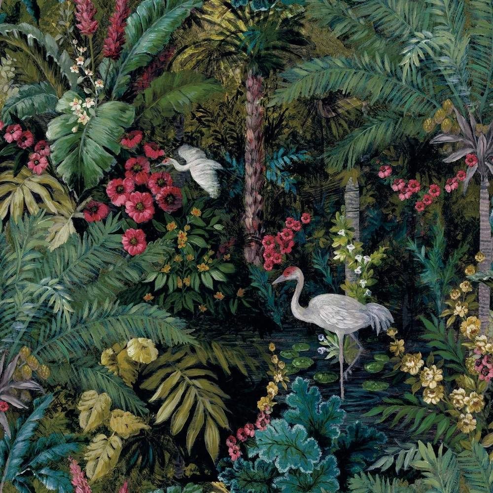 Jungle Paradise Cranes & Large Palm Trees Black Wallpaper 13181