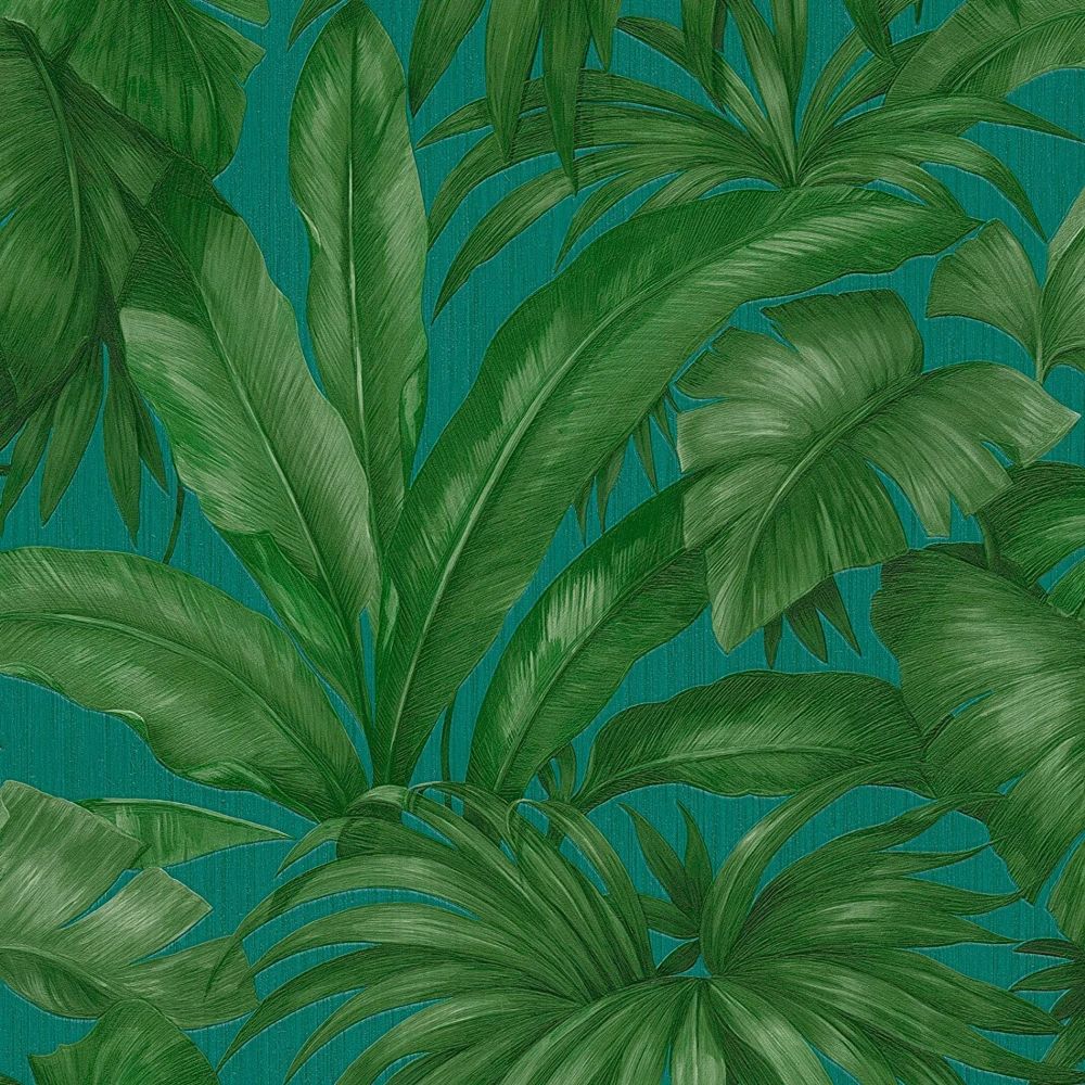 Giungle Jungle Palm Tree Print Teal Luxury Vinyl Wallpaper 962406