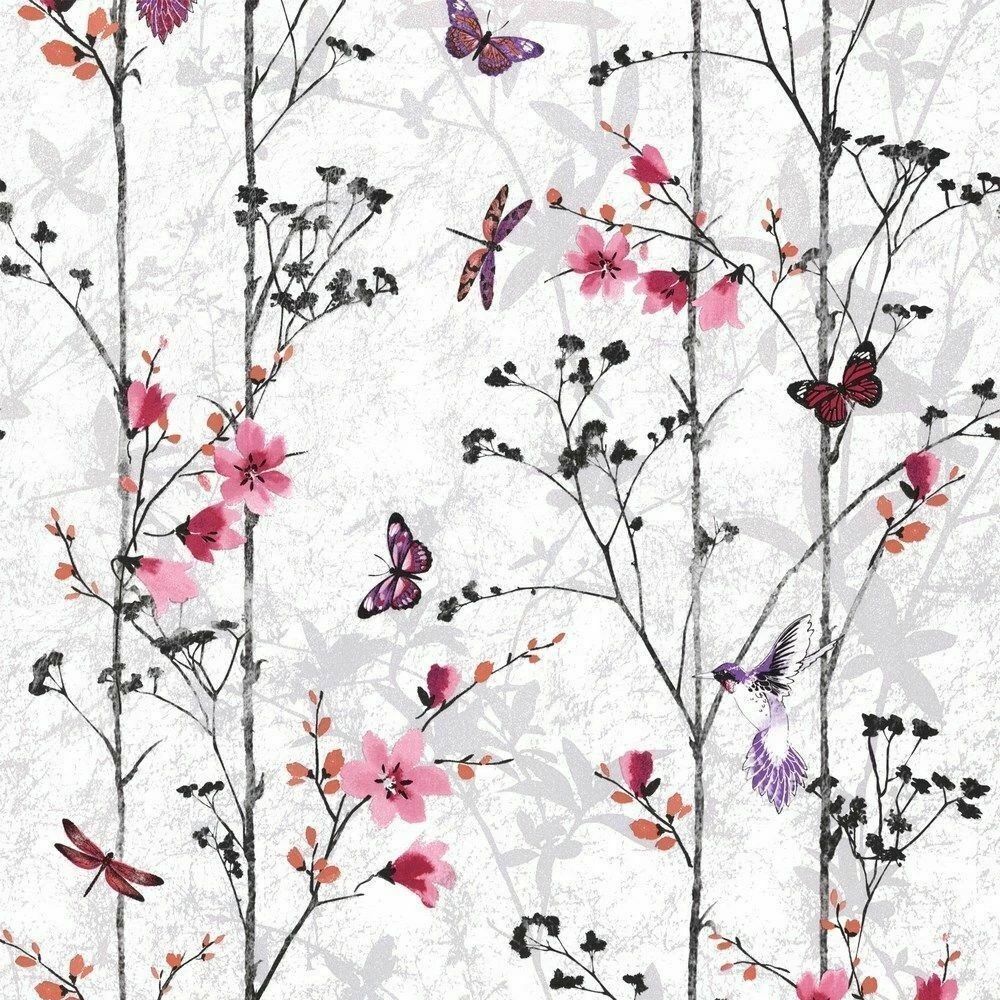 Pink Floral Butterflies Girly Birds & Trees Wallpaper 102550