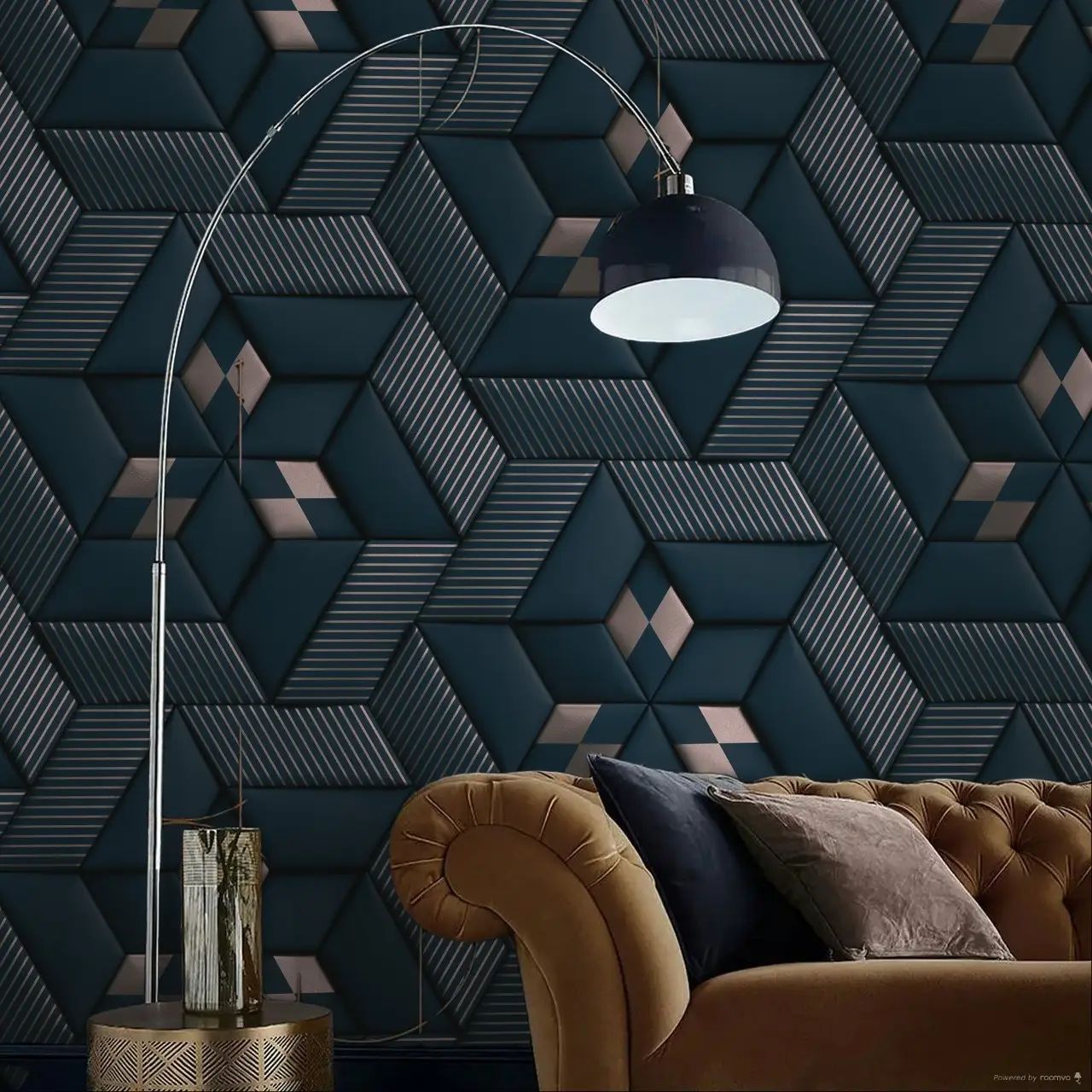 Geometric Star 3D Mural Navy Blue & Metallic Rose Gold Vienna Collection Vinyl 391783