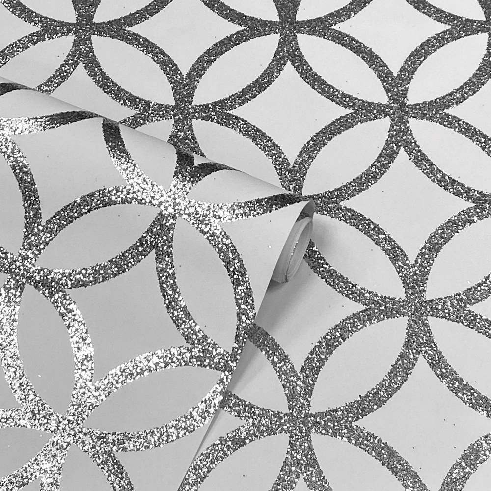 Sequin Geometric White & Silver Glitter Wallpaper 921707