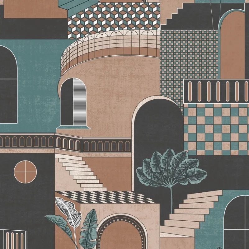 Medina Mediterranean Orange/Teal Conversational Wallpaper 13101