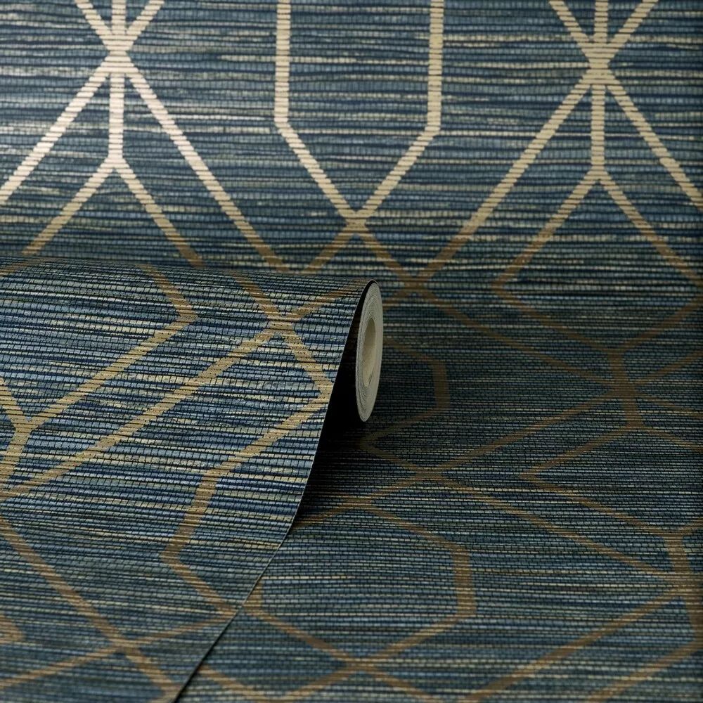 Fusion Trellis Geometric Navy Blue & Metallic Gold Grasscloth Vinyl Wallpaper M1774
