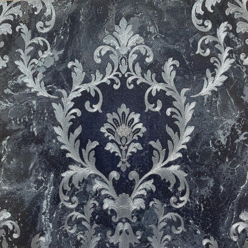 Sienna Damask Blue & Silver Vasari Italian Luxury Vinyl Wallpaper 538410