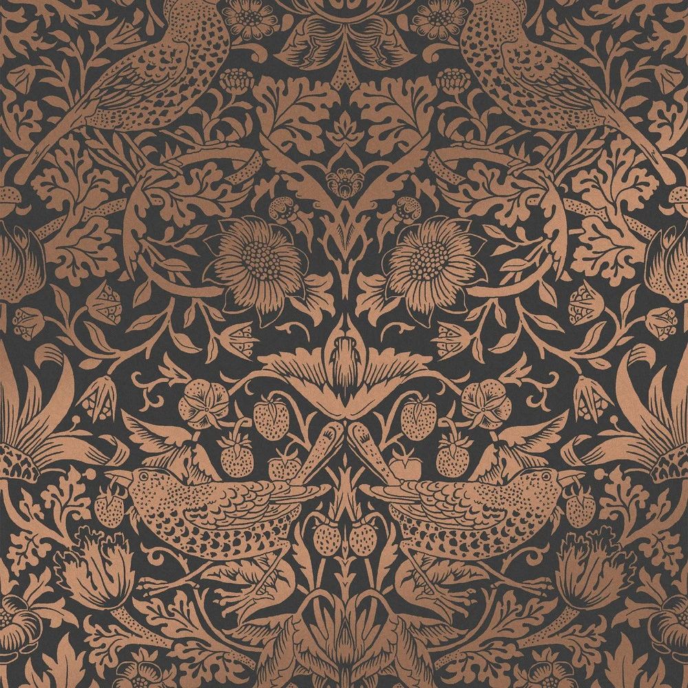 Strawberry Thief Fibrous Charcoal Renowned 1883 Wallpaper by William Morris 124236