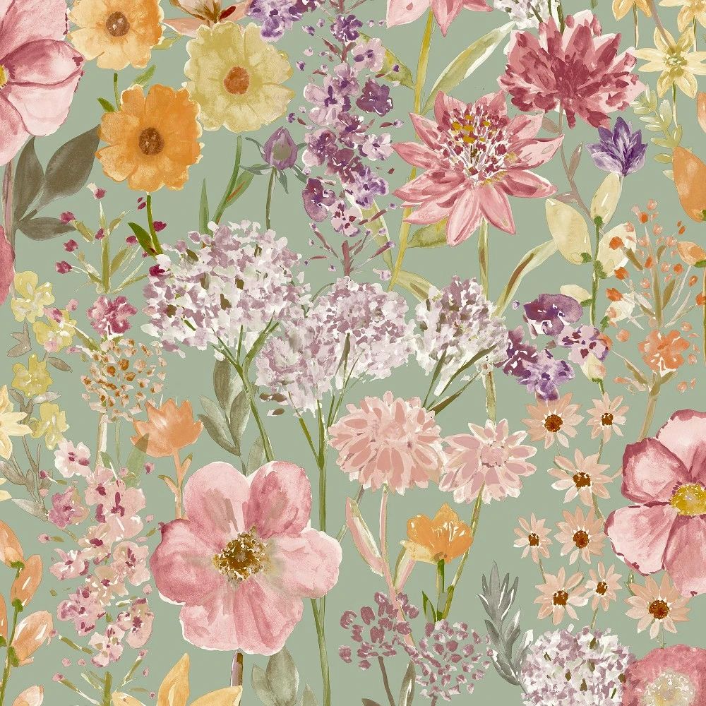 Wildflowers Meadow Sage Green & Orange Floral Wallpaper A61601
