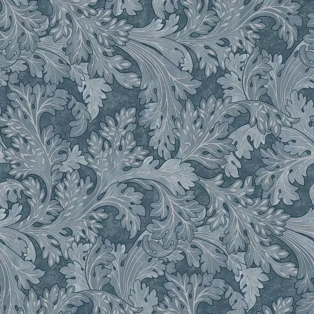 Botanical Scroll Navy Blue Curling Leaves Wallpaper 13721