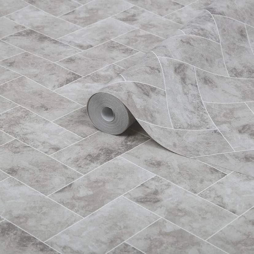 Contour Travertino Taupe Grey Tile Black Kitchen & Bathroom Wallpaper 103922