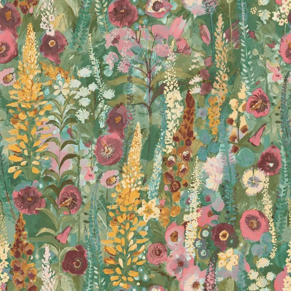 Delphinium Painterly Floral Green & Pink Wallpaper By Grandeco A74601