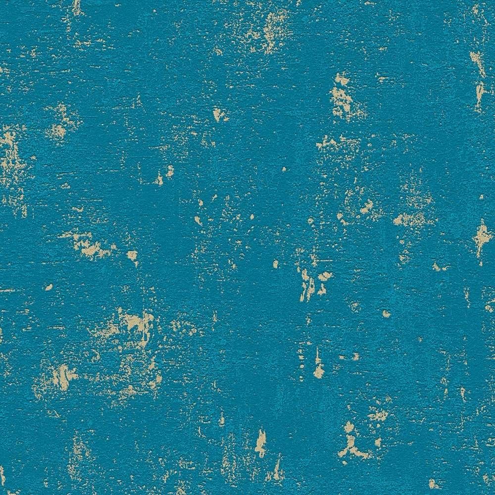 Stone Concrete Teal & Metallic Gold Industrial Wallpaper 2307-68