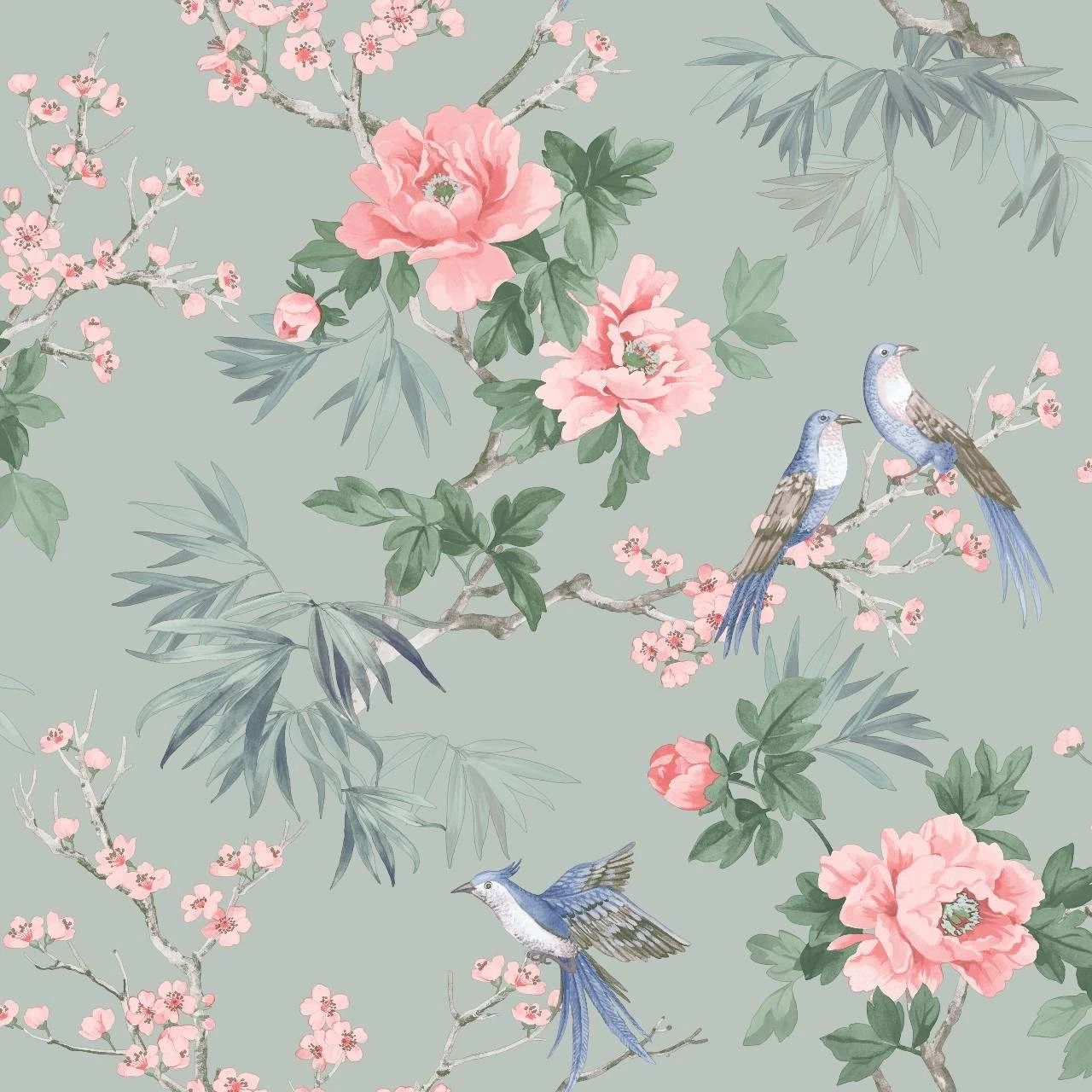 Chinoiserie Cherry Blossom Birds Sage Wallpaper 260568