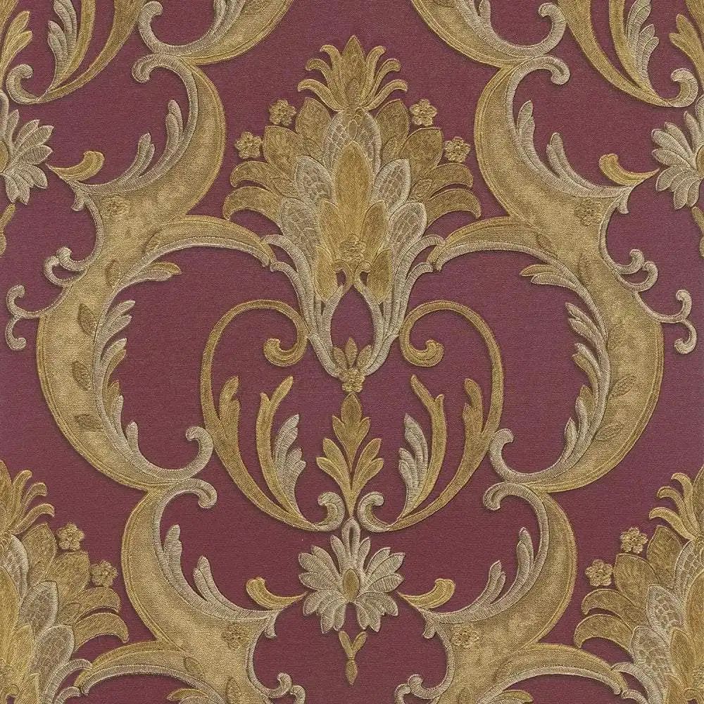 Perla Damask Red & Gold Luxury Damask Vinyl Wallpaper 9089