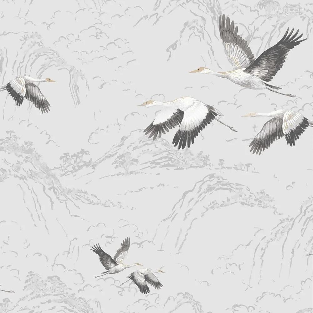 Animalia Cranes In Clouds Silver Contemporary Laura Ashley Wallpaper 113394