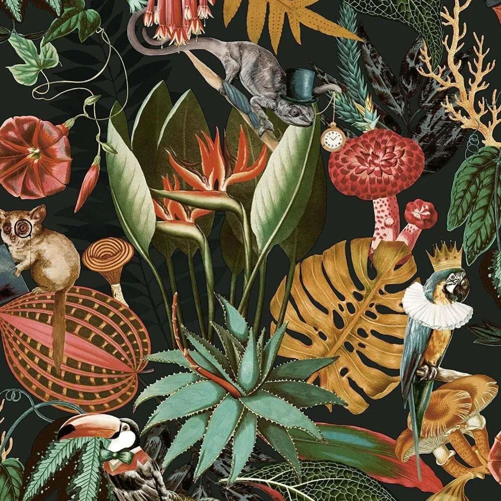 Wonderland Tropical Black Conversational Animal Wallpaper 91193