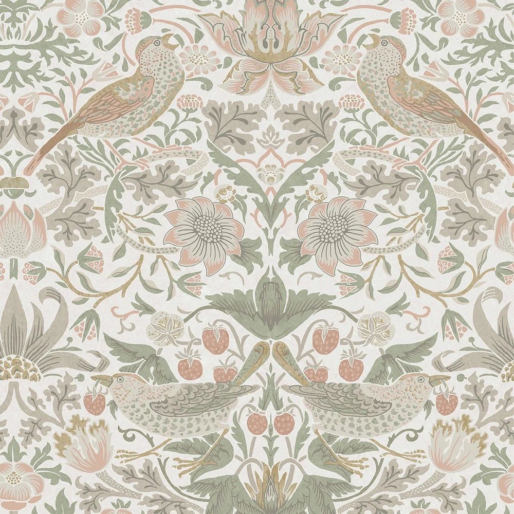 Strawberry Thief Sage & Pink Renowned 1883 Wallpaper by William Morris 124233