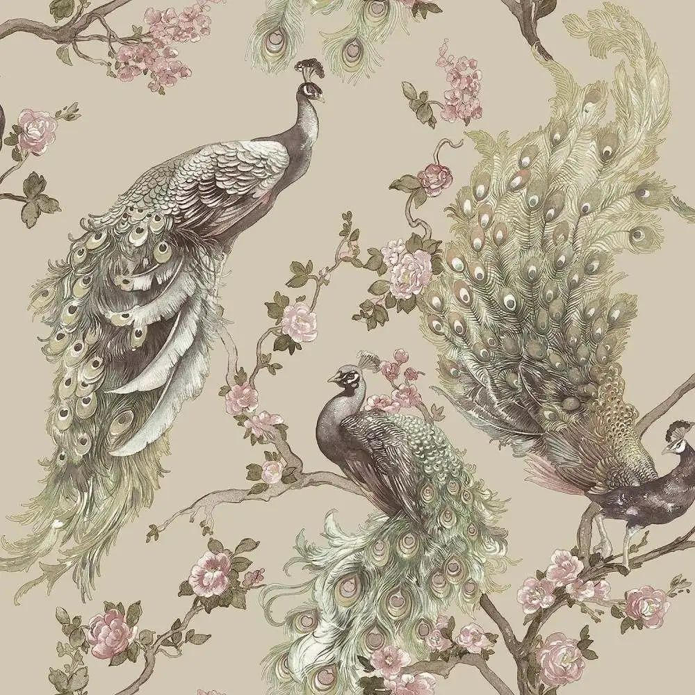 Menali Peacock Birds Beige Wallpaper 36271