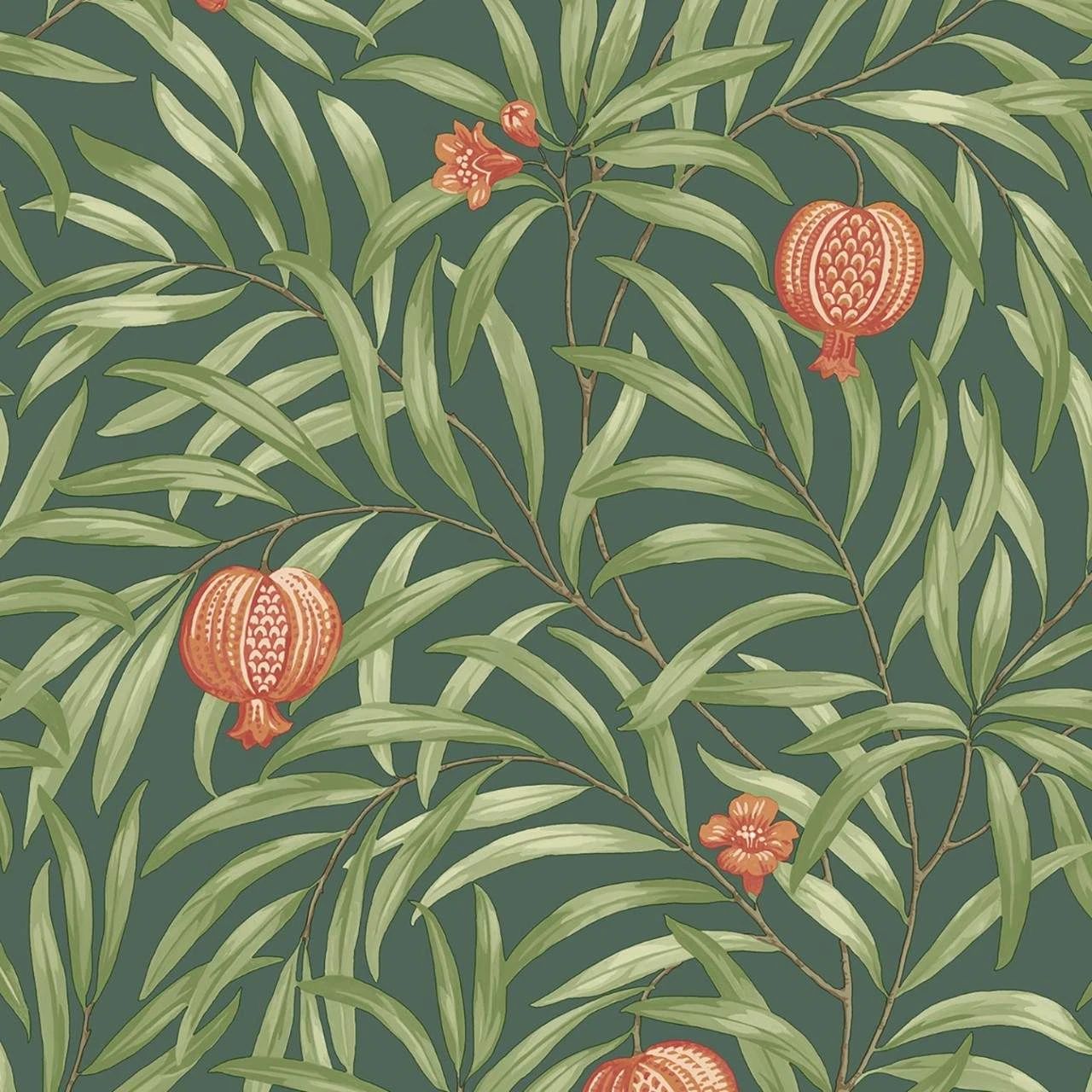 Pomegranate Leaves Deep Green & Orange Moda Wallpaper 9613