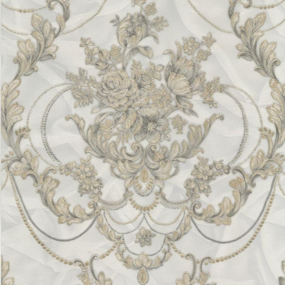 Perla II White & Beige Oriental Luxury Damask Vinyl Wallpaper 9084