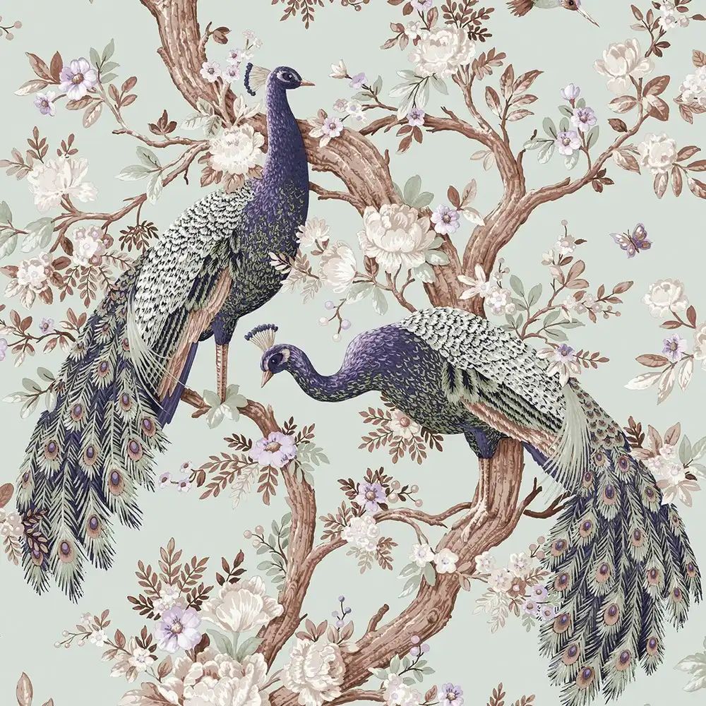 Belvedere Peacocks Duck Egg Laura Ashley Wallpaper 113398