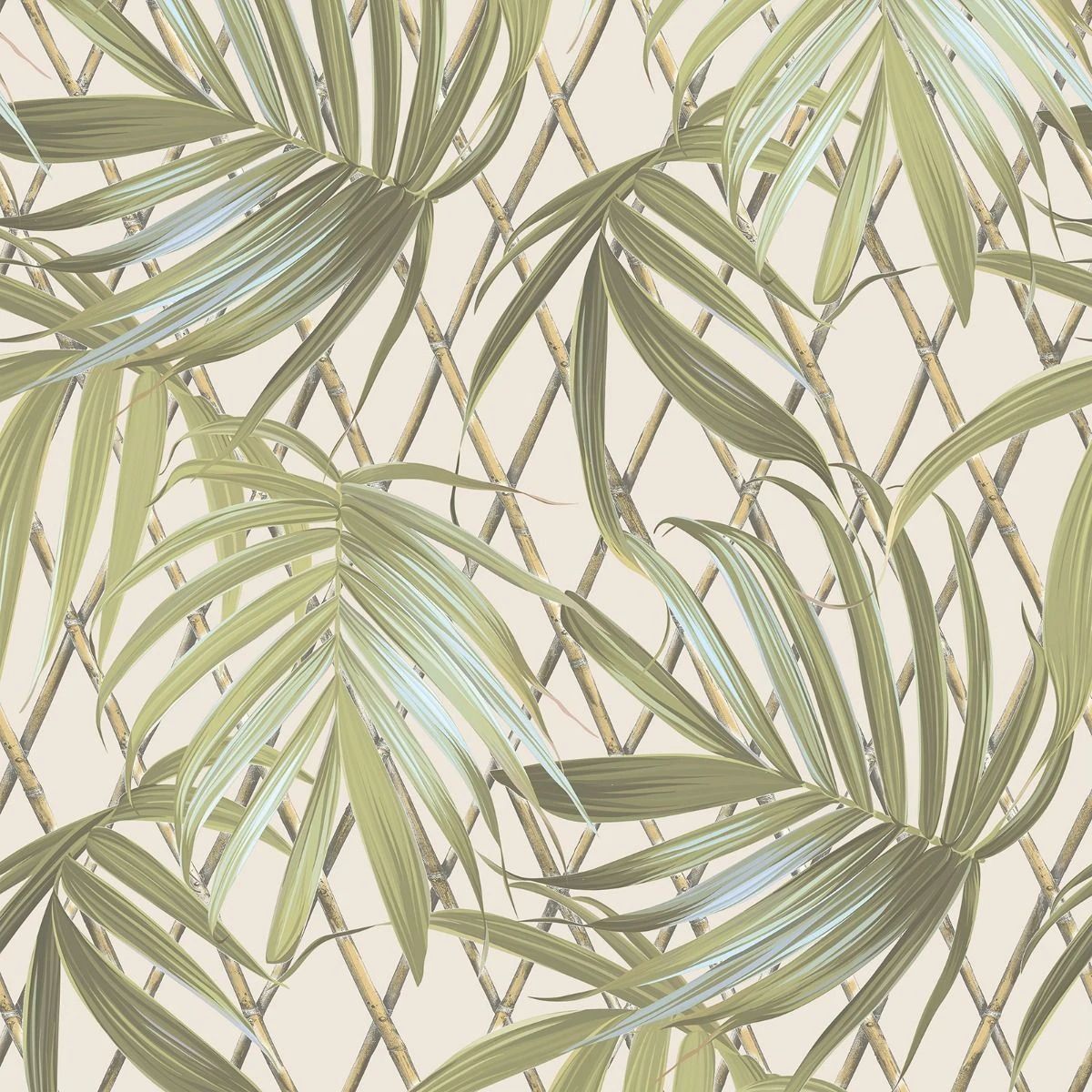 Paradise Palm Leaf Textured Heavyweight Vinyl Cream & Green Wallpaper 539561