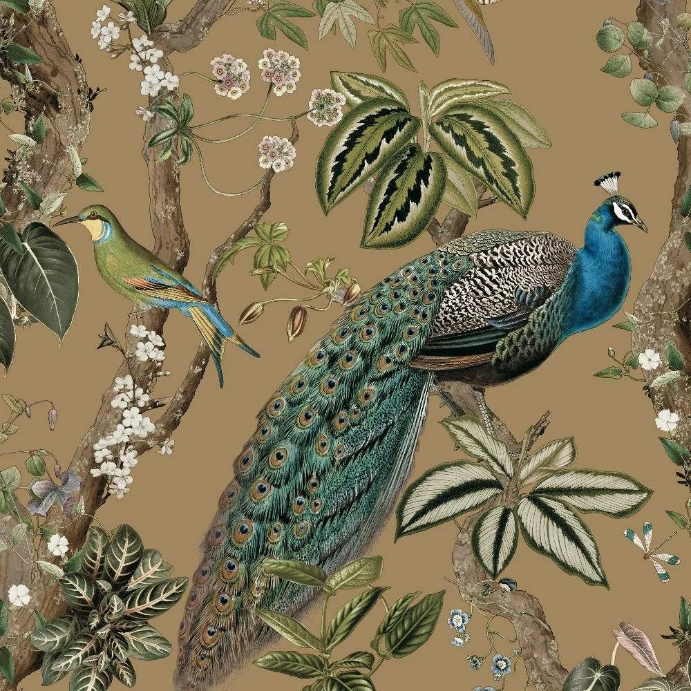 Peacock Woods Gold Birds Whispering Wilderness Collection Wallpaper 13683