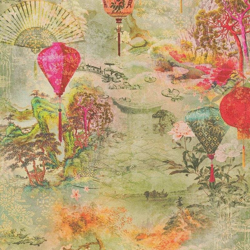 Asian Fusion Oriental Chinese Lanterns Multicolour Wallpaper 37466-1
