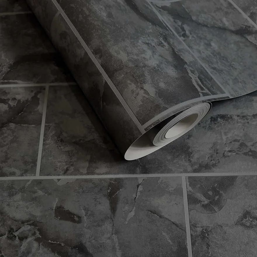 Odeon Tile Charcoal Kitchen & Bathroom Vinyl Wallpaper 89390