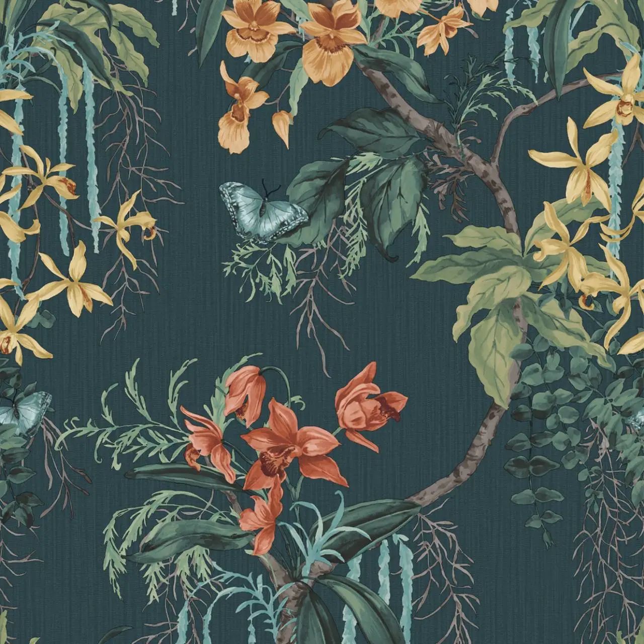 Suki Exotic Trailing Orchid Dark Green & Blue Wallpaper 2162