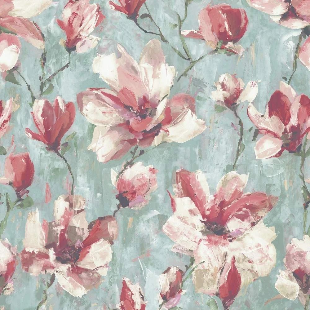 Camilla Floral Teal & Pink Magnolia Flowers Wallpaper A72401