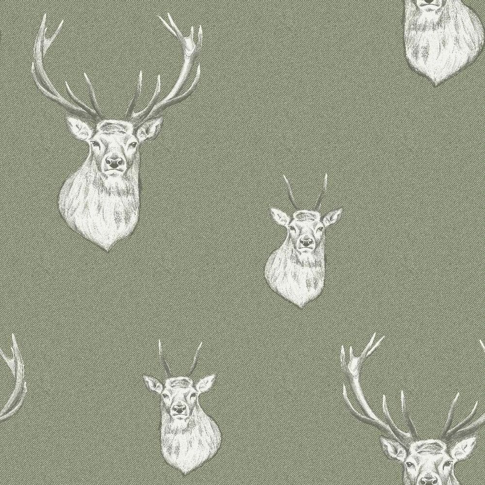 Stag Head Deer Sage Green Animal Woodland Wallpaper by Catherine Lansfield 165515