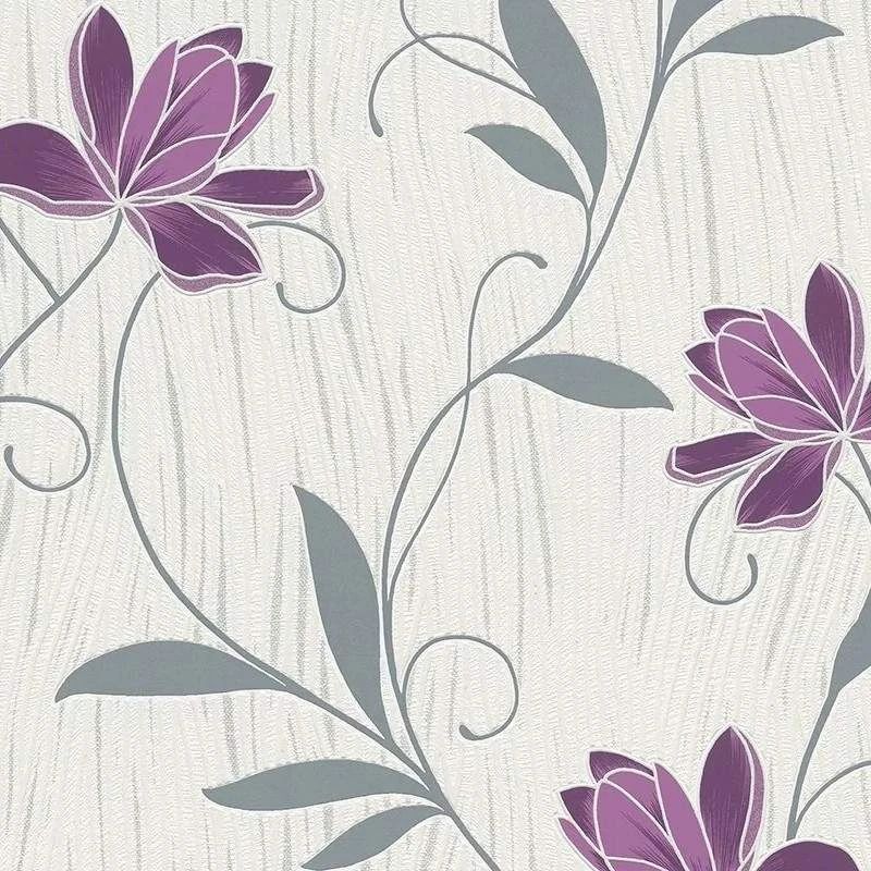 Lotus Floral Trail Purple Leaf Textured Blown Vinyl Wallpaper 3062-34