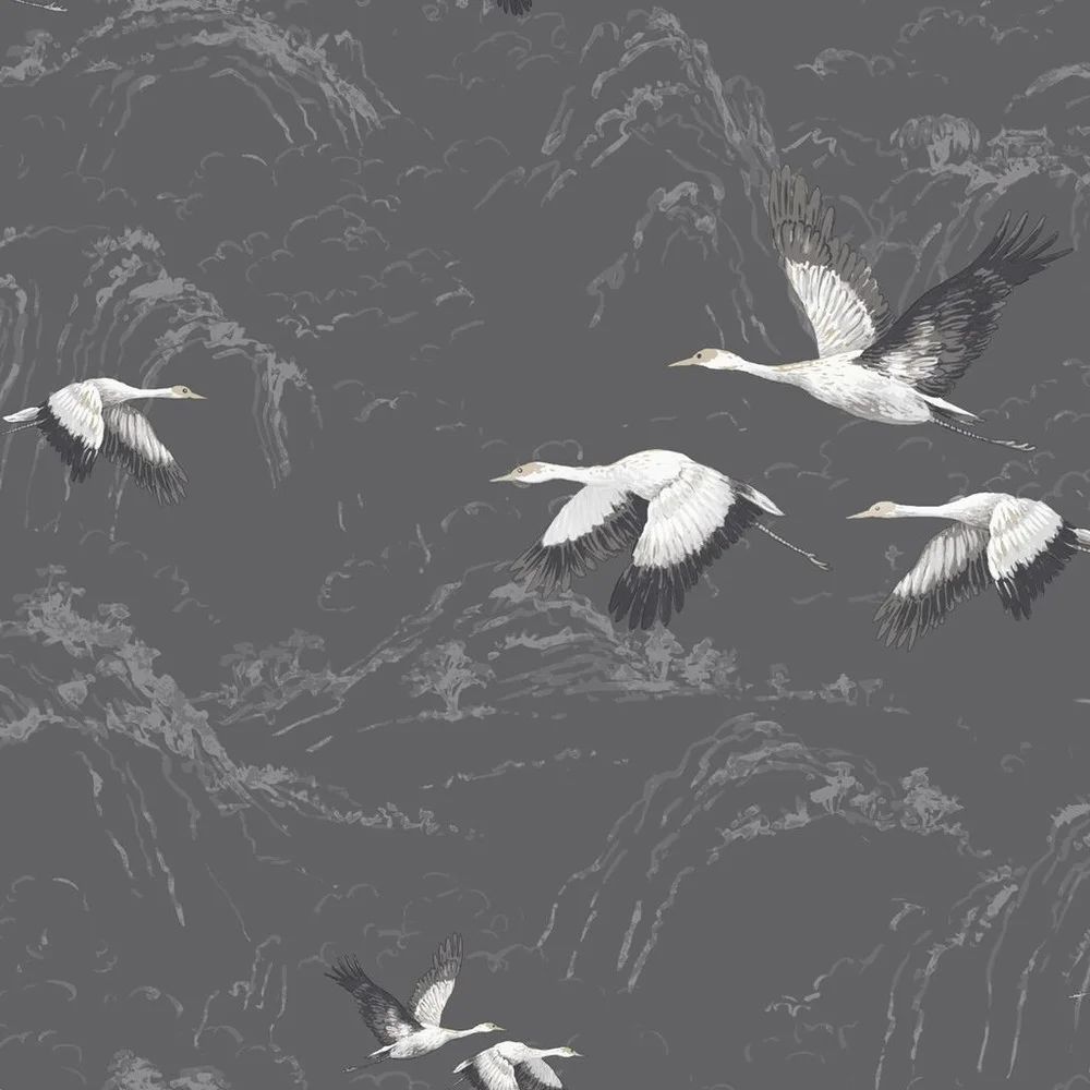 Animalia Cranes In Clouds Dark Steel Contemporary Laura Ashley Wallpaper 113393