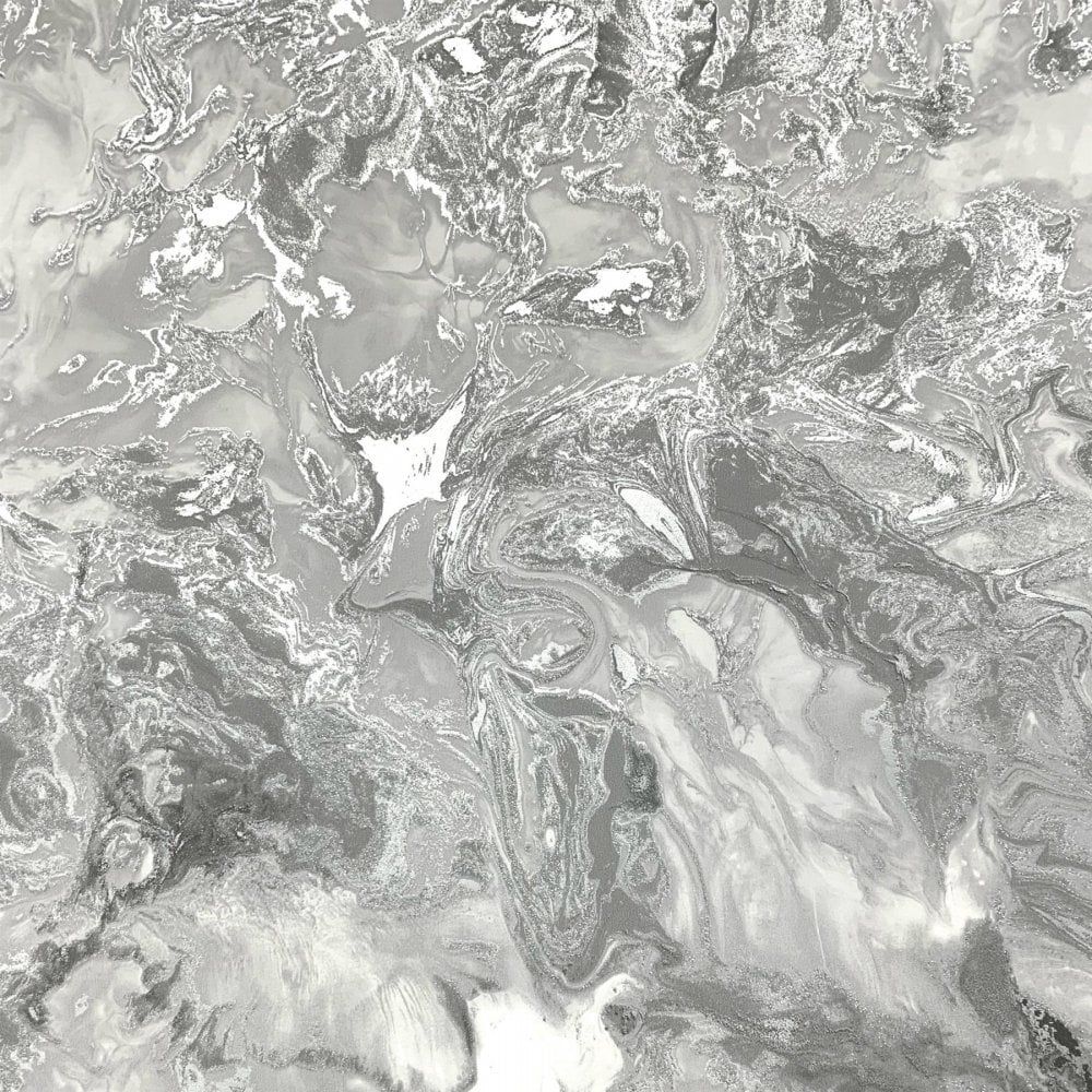Liquid Swirl Marble Grey & Metallic Silver Wallpaper 6355