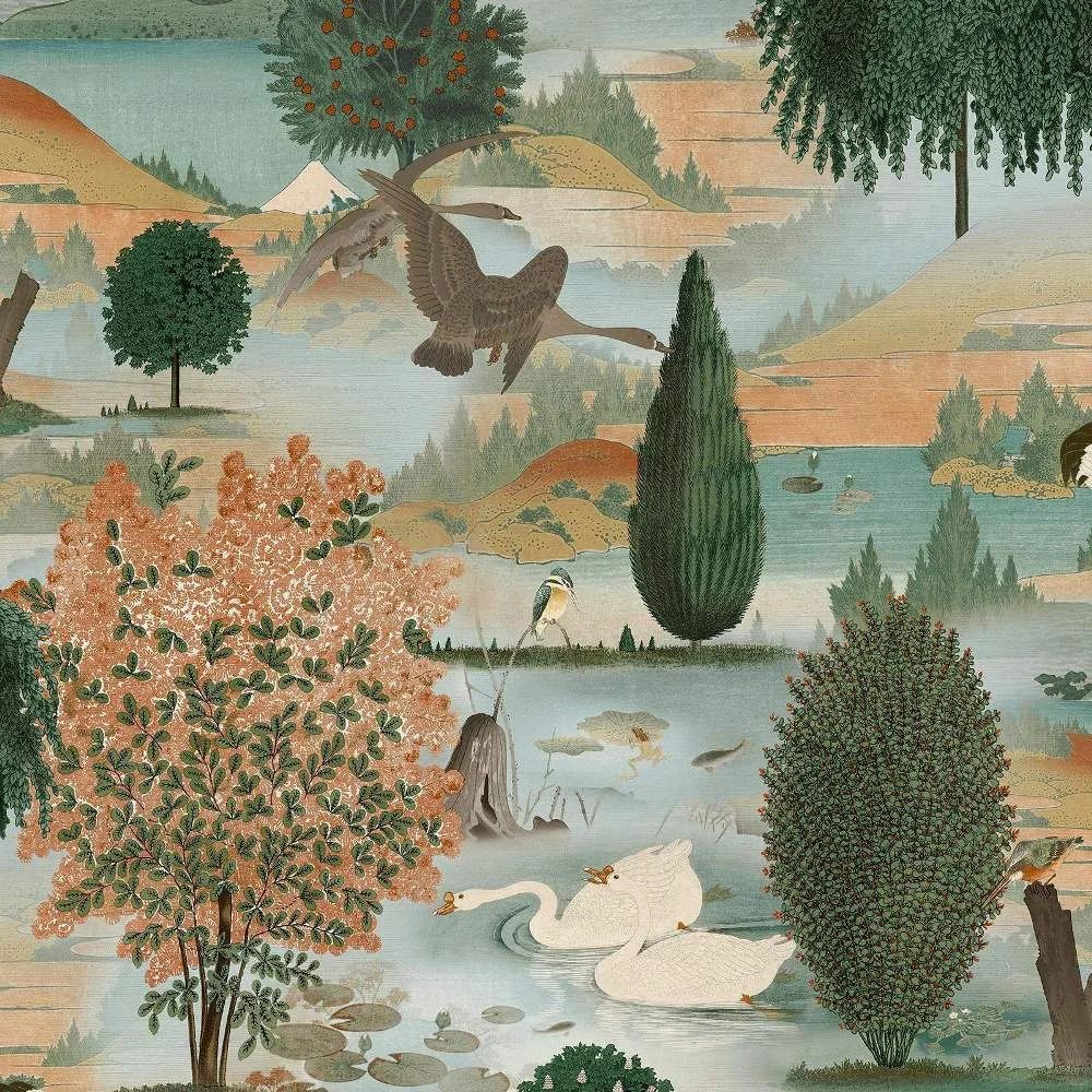 Swan Lake Nature Trees Birds Orange & Green Wallpaper 13490