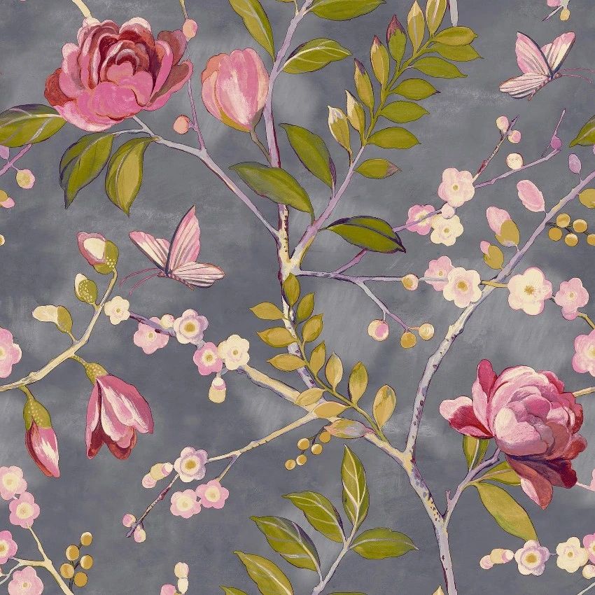 Lola Fruits Charcoal & Pink Chic Floral Wallpaper 197001