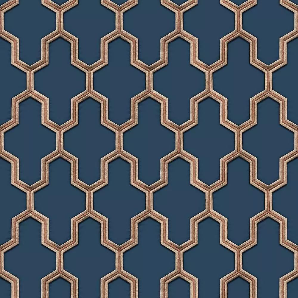 Wall Fabric Geometric Silk Blue & Copper Wallpaper WF121027