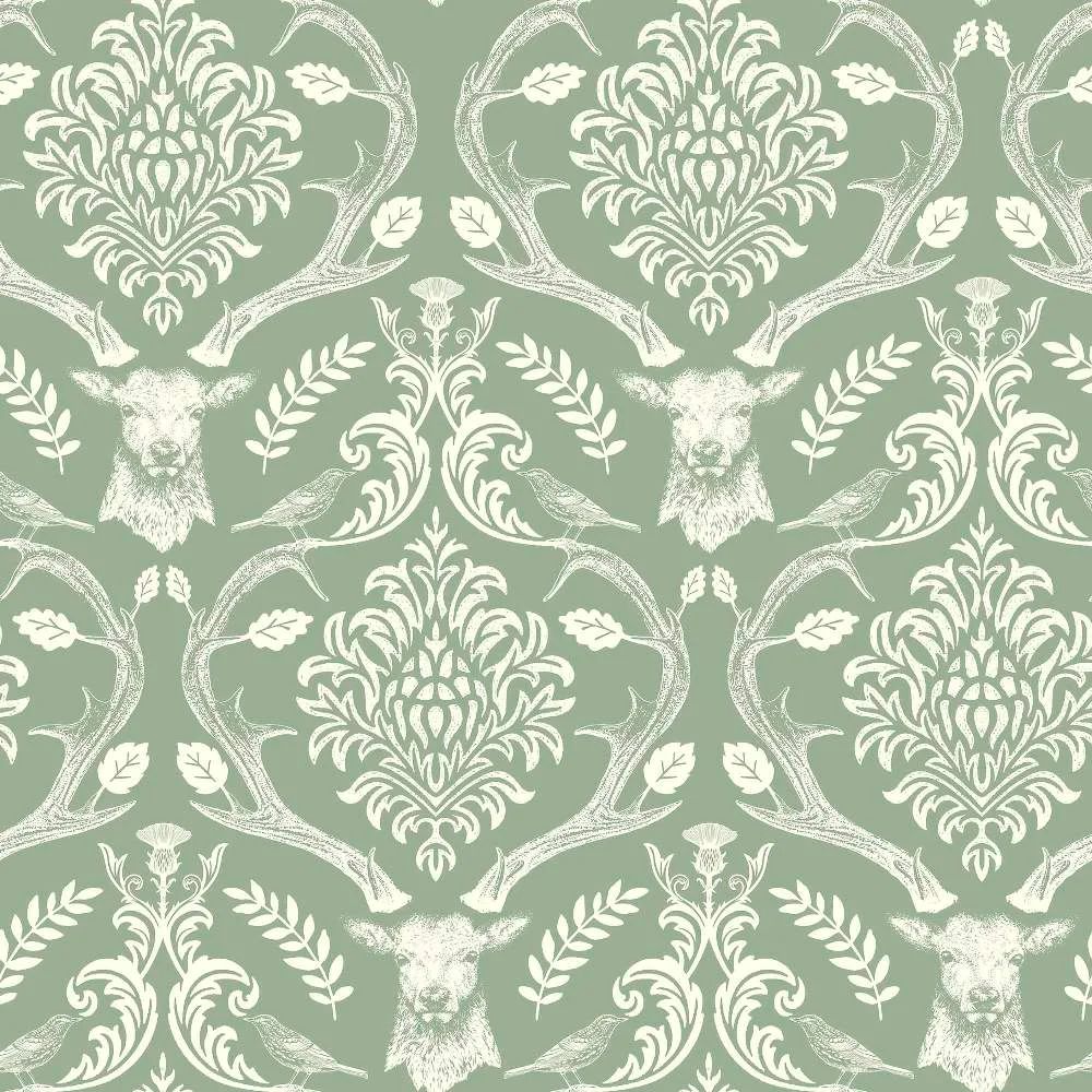 Stag Damask Sage Green Deer William Morris Style Wallpaper 923706